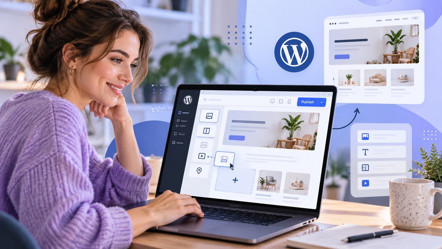 Vrouw in paarse trui werkt in de WordPress-editor op een laptop