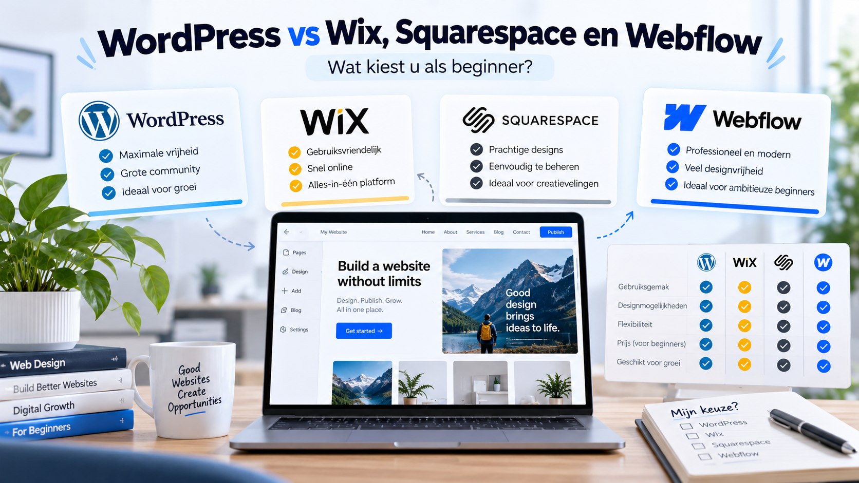 Vergelijking van WordPress, Wix, Squarespace en Webflow voor beginners, met laptop en overzichtstabel