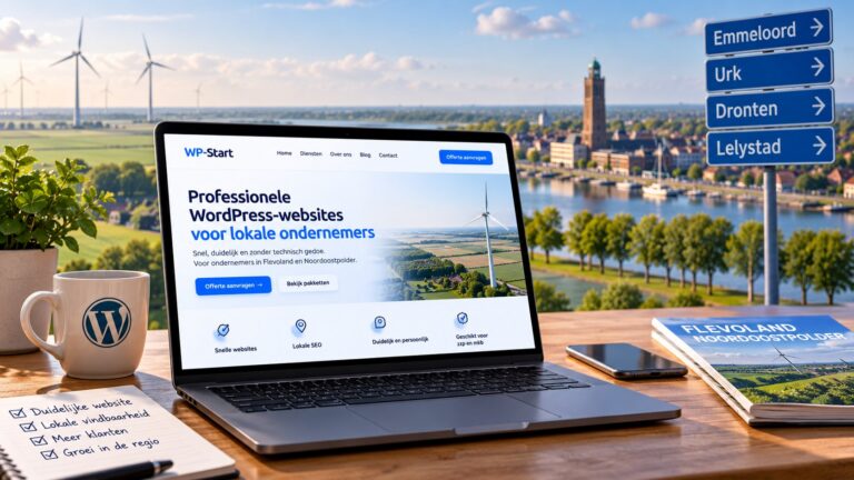 Laptop met WP-Start website voor lokale ondernemers, met uitzicht over Flevoland en borden naar Emmeloord, Urk, Dronten en Lelystad