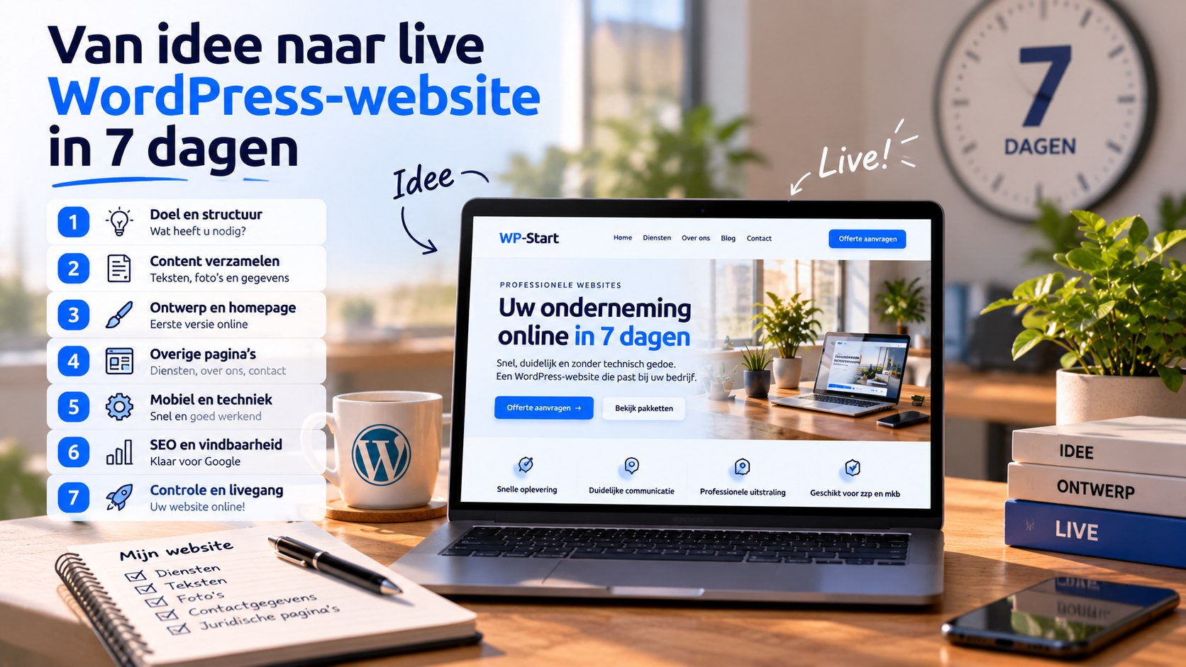 Zeven stappen van idee naar live WordPress-website, met laptop, WordPress-mok en klok van 7 dagen