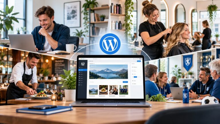 Collage van zzp’er, kapper, restaurant en vereniging rond een laptop met WordPress-website